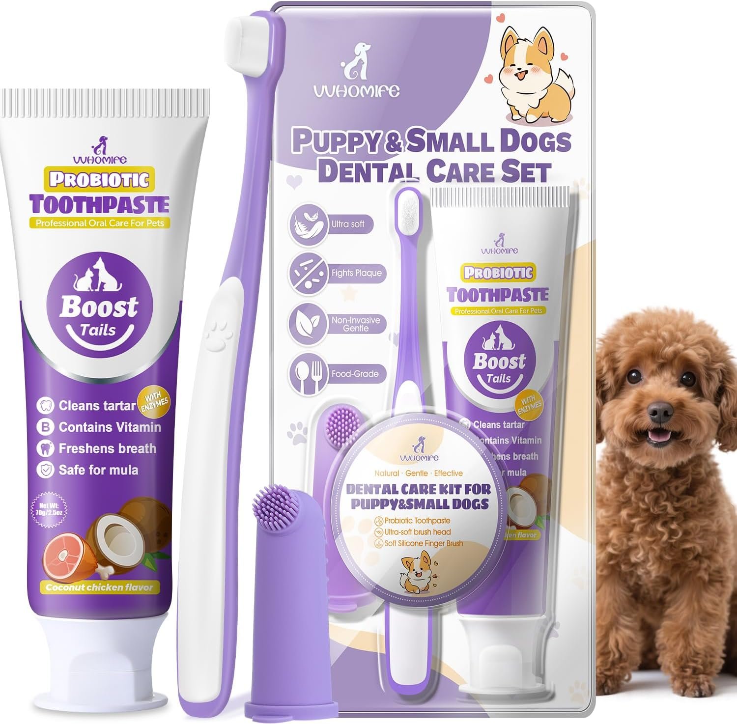 Vet Recommended Small Dog Teeth Brushing Kit – Soft Brush and Finger Brush removes 99% of Plaque, Natural Coconut Chicken-Flavored Toothpaste 2.5 oz. for Fresh Breath