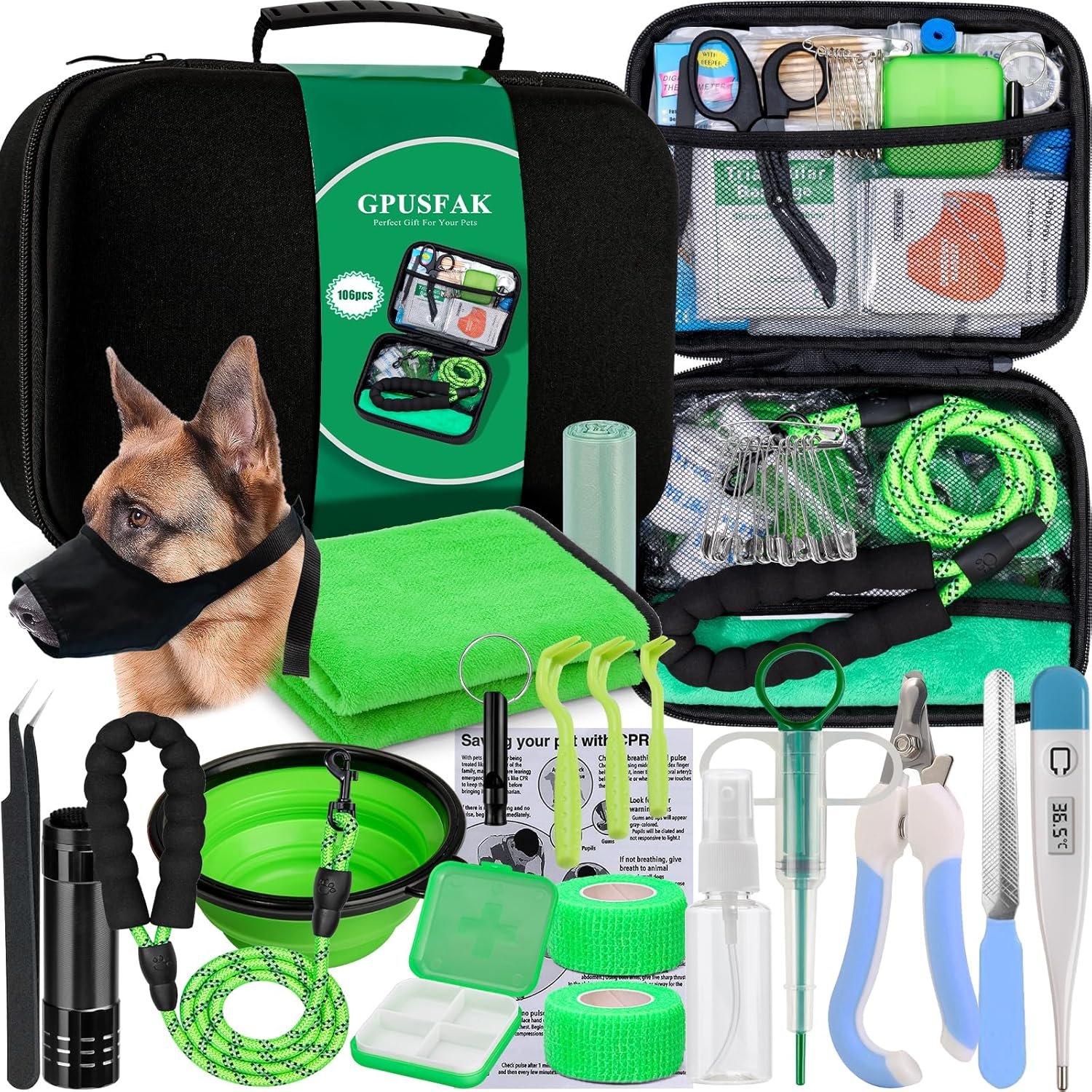 Pet First Aid Kit for Dogs – Pet Emergency Kit for Camping Hiking Traveling Hunting and Sports (Green)